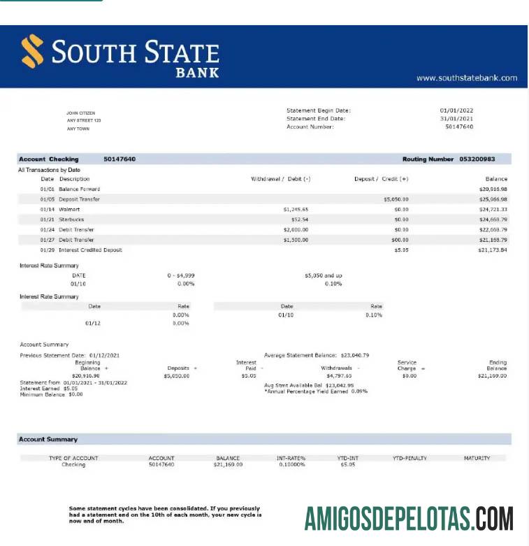 Extrato do Banco do Estado do Sul dos EUA para impressão Word e PDF modelo W